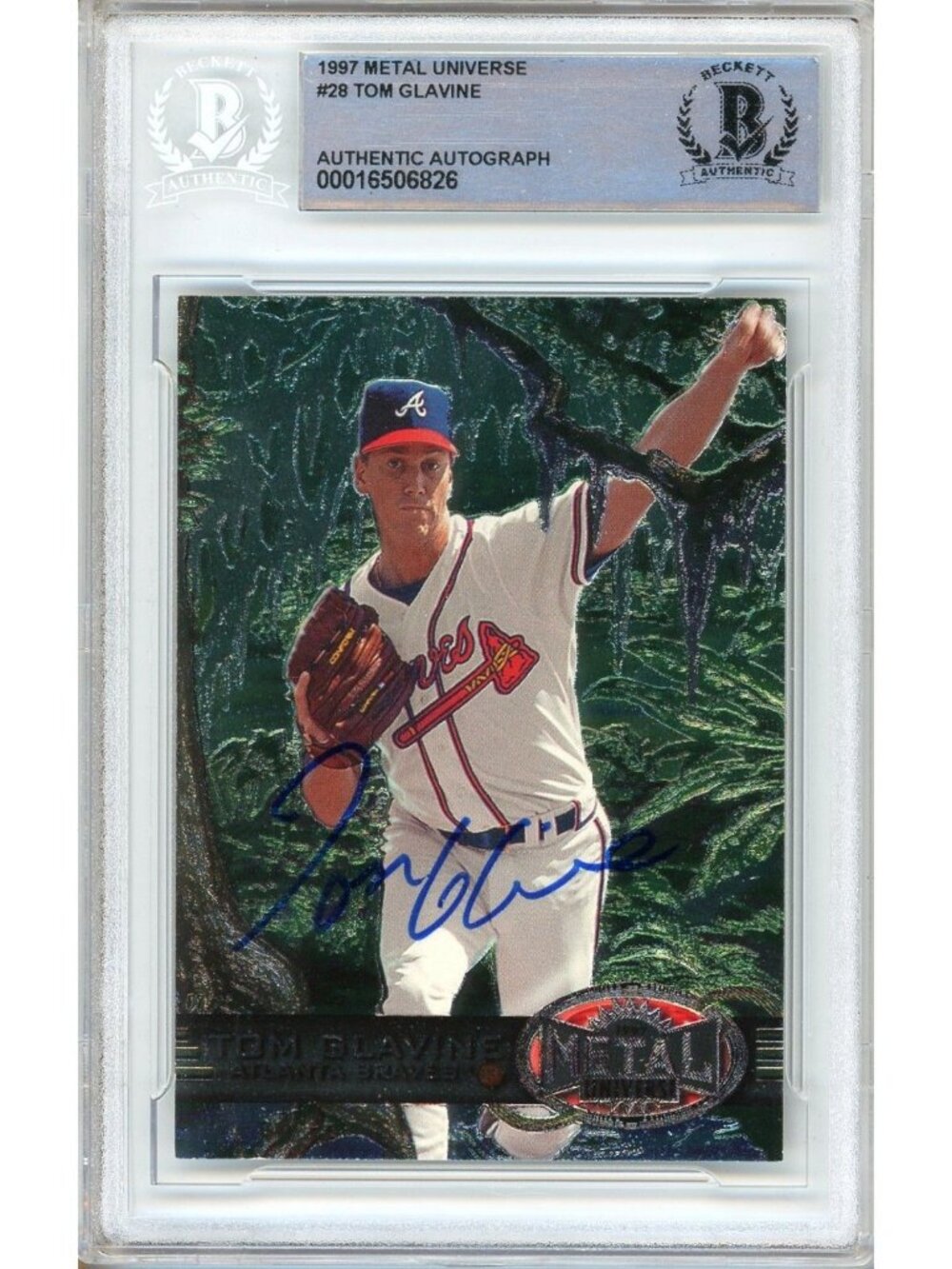 Tom Glavine Signed 1997 SkyBox Metal Universe #28 Atlanta Braves BAS Slab Auto